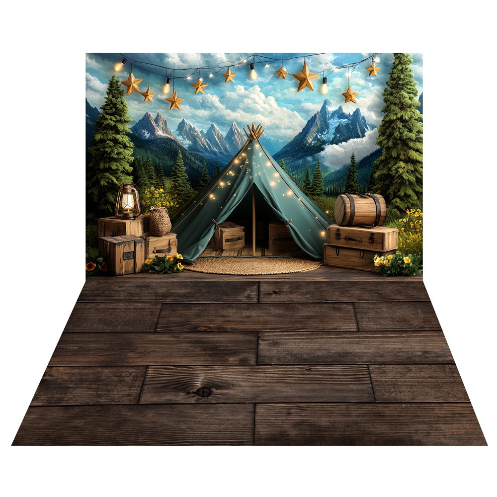 Berg-Camp-Zelt-Hintergrund+Rustikaler Holzboden-Hintergrund TWW6-131