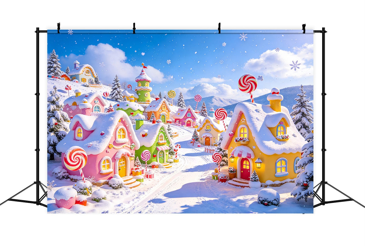 Weihnachtsdorf-Hintergrund Verschneites Pastellfarbenes Süßigkeitenhaus ZTT610-1