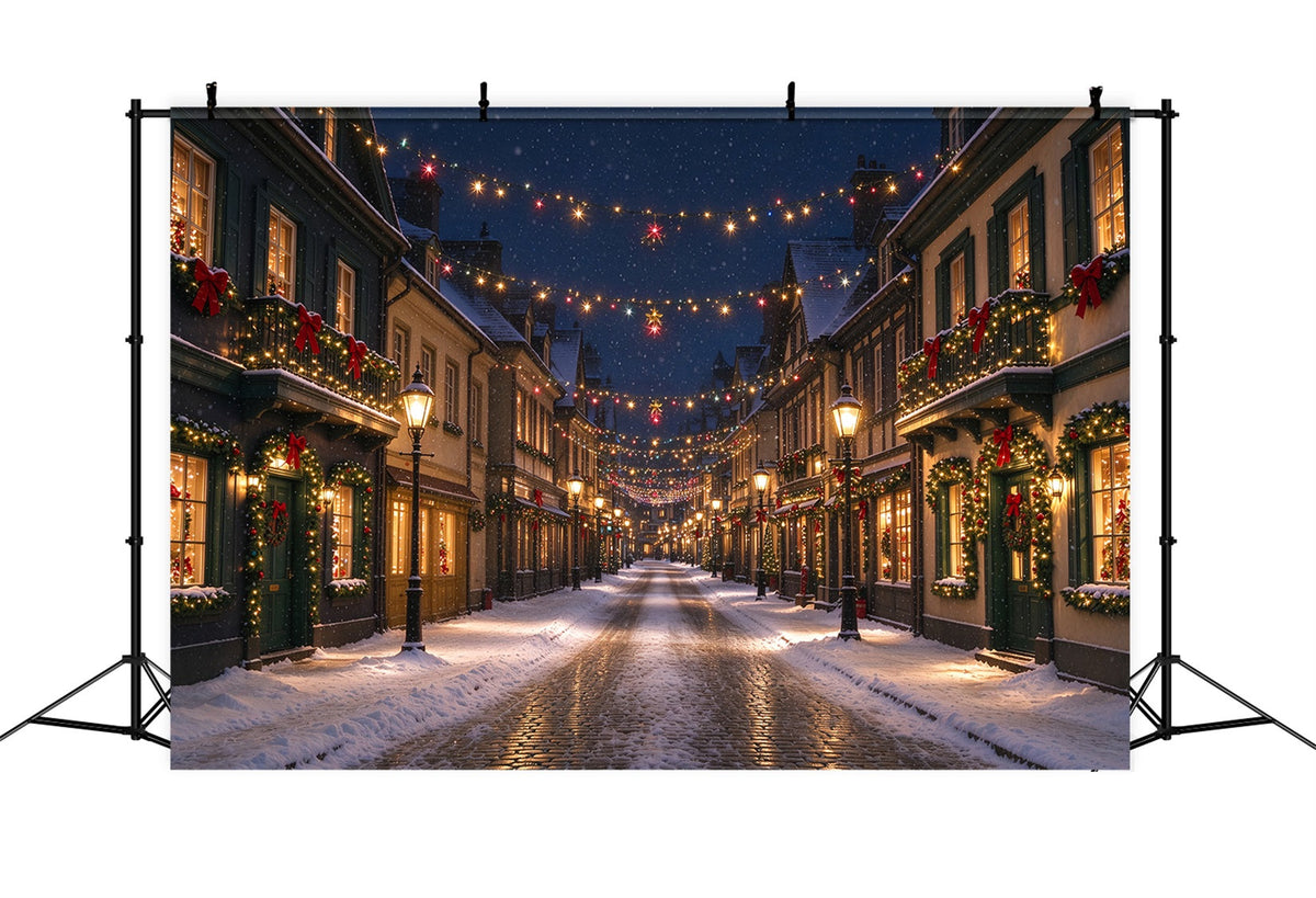 Weihnachtsdorf-Hintergrund Beleuchtete Verschneite Straße ZTT610-14