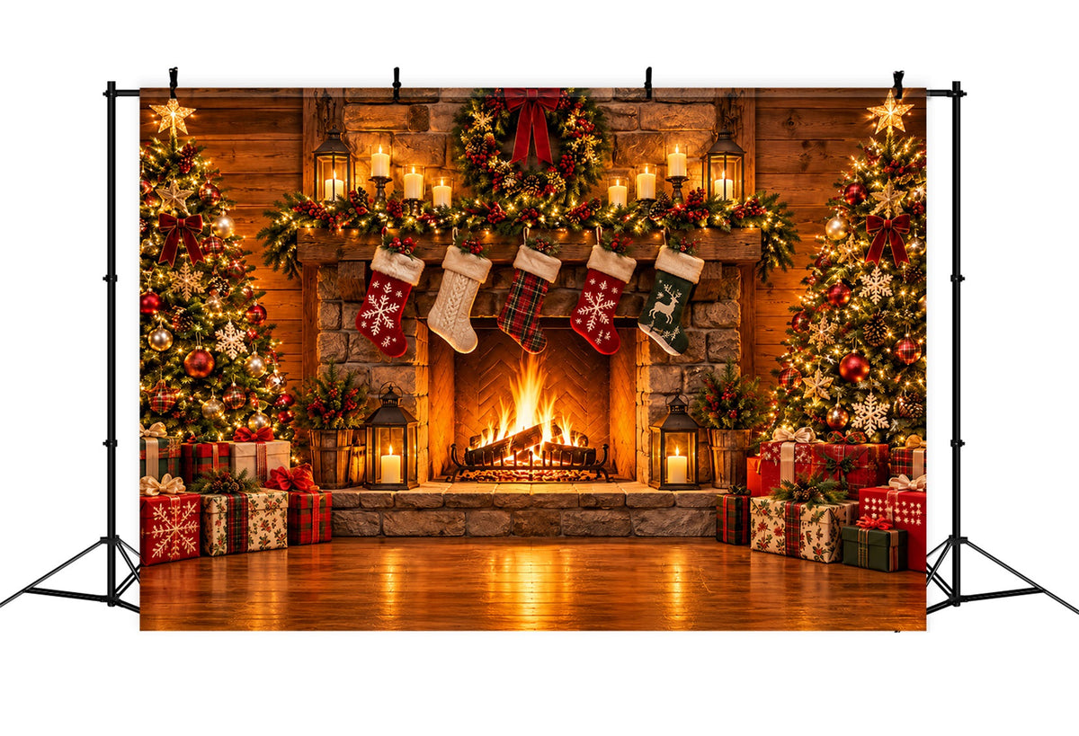 Weihnachtskamin-Hintergrund Rustikaler Steinkamin Mit Weihnachtssocken ZTT610-24