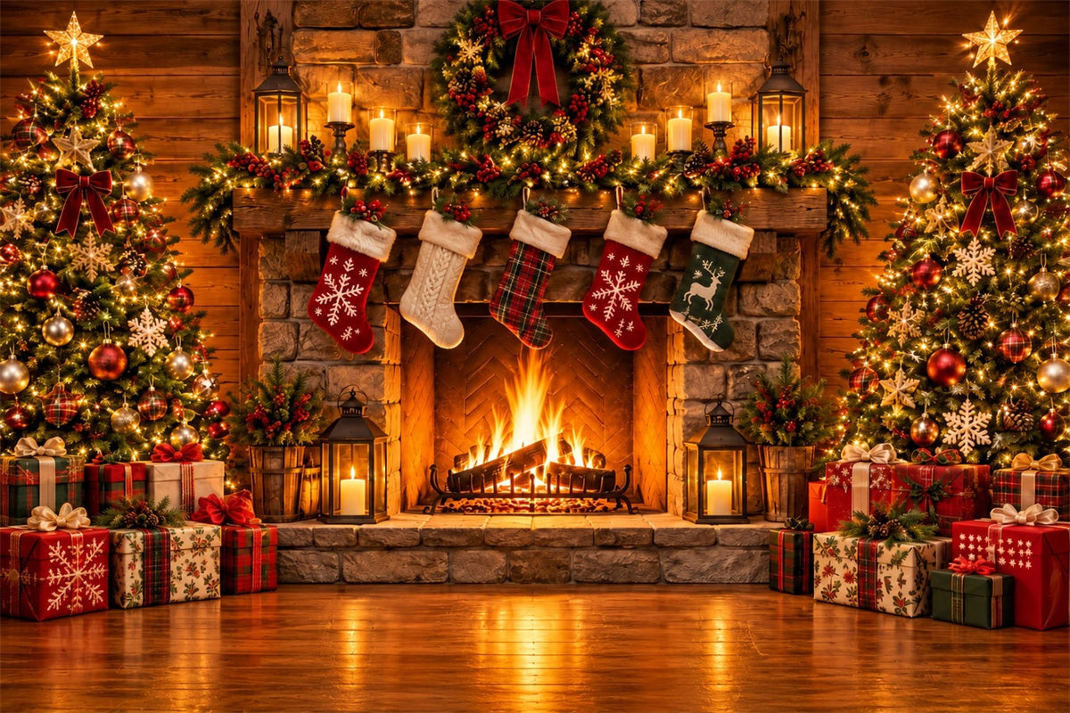 Weihnachtskamin-Hintergrund Rustikaler Steinkamin Mit Weihnachtssocken ZTT610-24