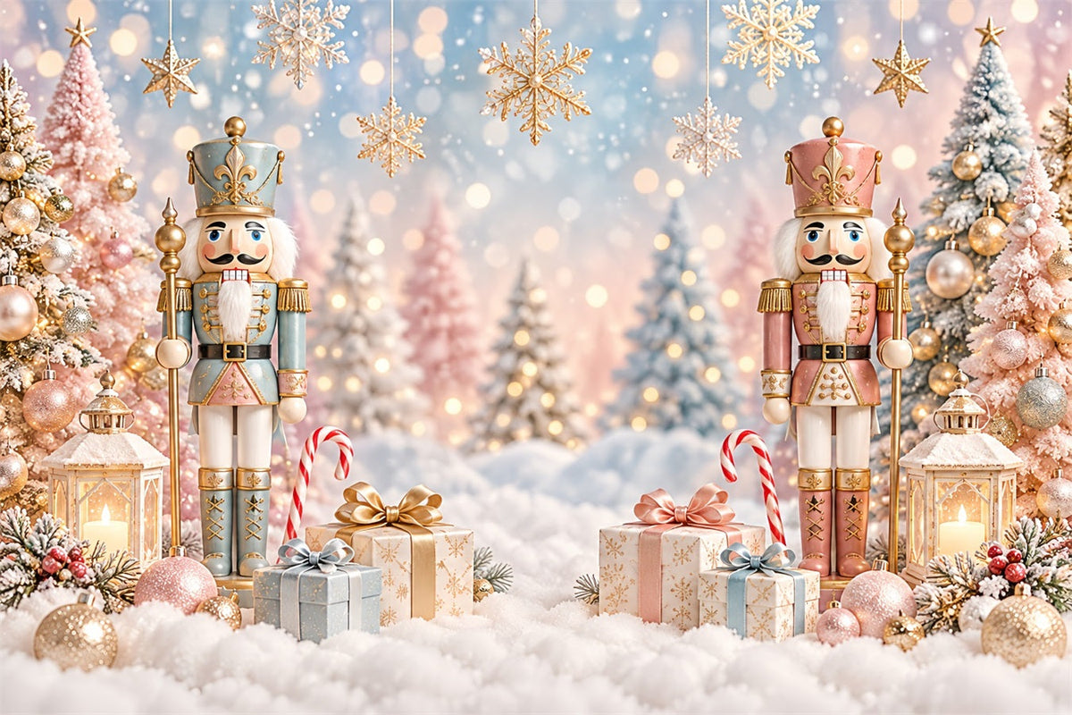 Weihnachtlicher Fotohintergrund Pastellfarbene Bäume Schnee-Bokeh Nussknacker ZTT610-26