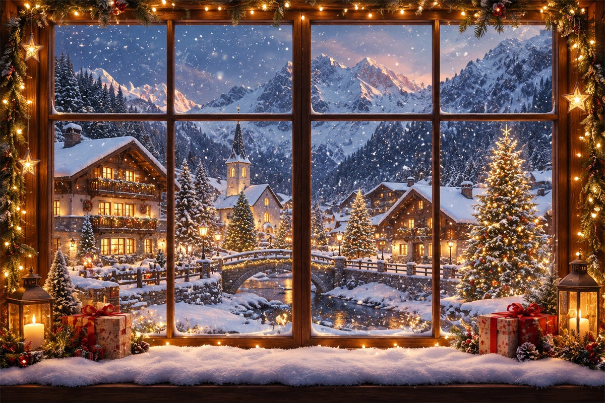Winterlicher Weihnachtshintergrund Verschneites Alpenhausfenster ZTT610-27