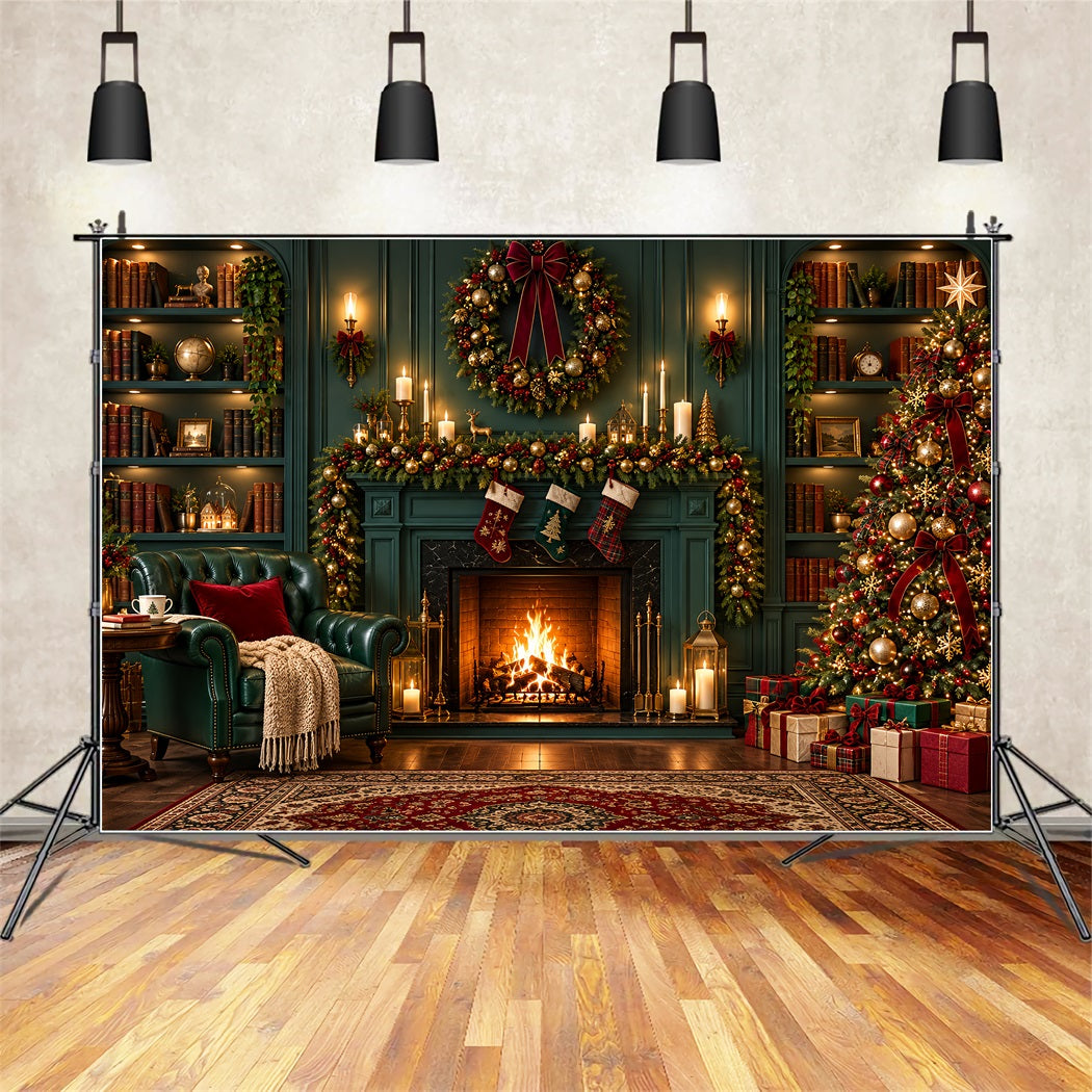 Weihnachtskamin-Hintergrund Vintage Smaragdgrüne Bibliothek Weihnachtssocken ZTT610-30