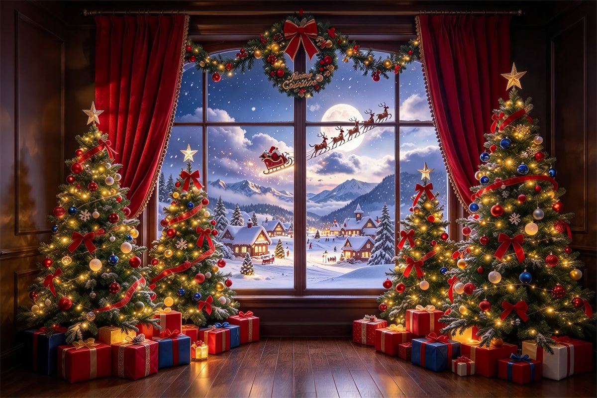 Weihnachtlicher Santa-Hintergrund Fensterblick Schlitten Schnee ZTT610-33