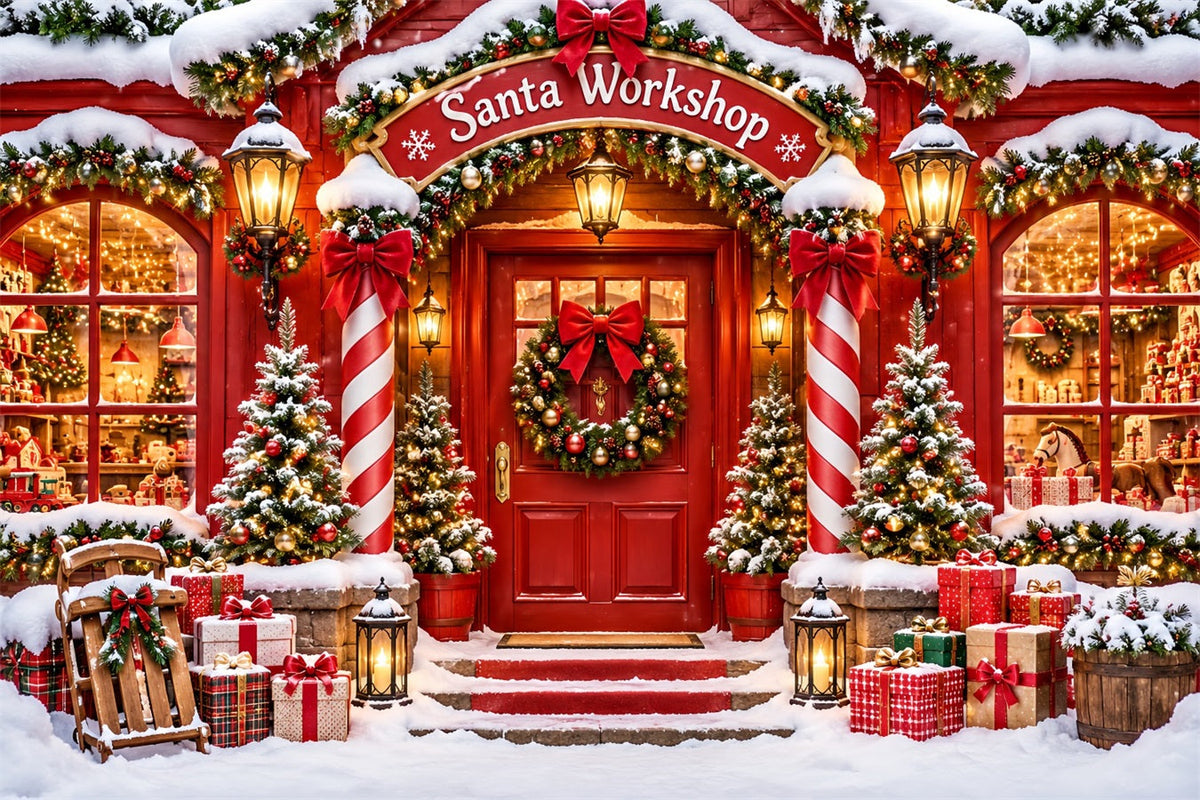 Weihnachtlicher Werkstatt-Hintergrund Verschneiter Hauseingang Rote Weihnachtsdekoration ZTT610-40