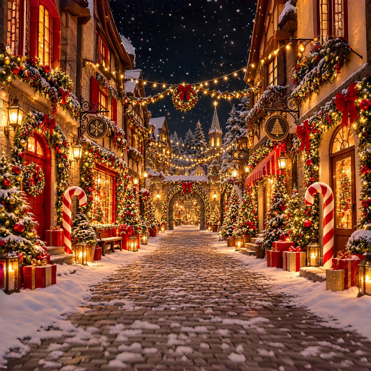 Weihnachtsdorf-Hintergrund Verschneite Kopfsteinpflasterstraße ZTT610-44