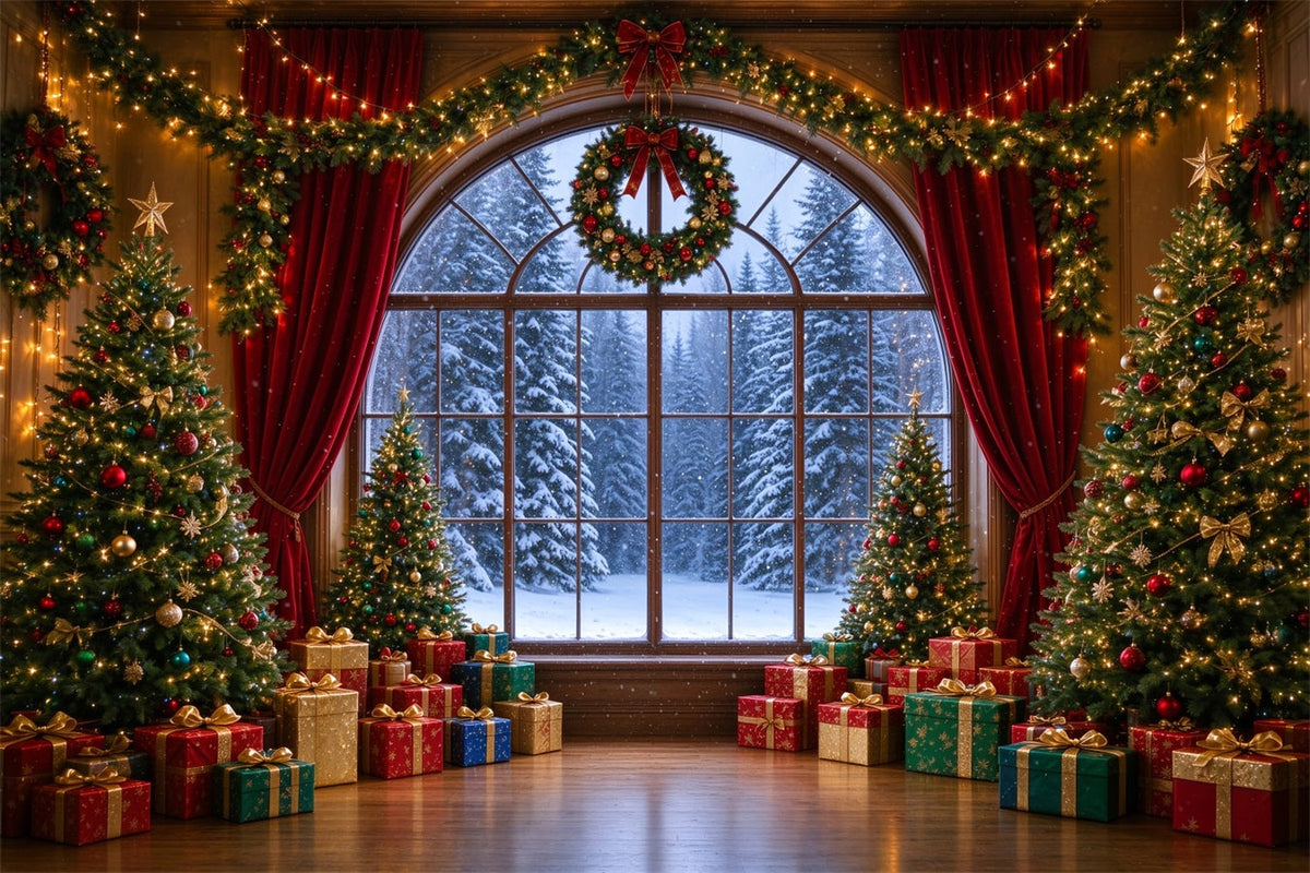 Weihnachtlicher Hintergrund Bogenfenster Mit Blick Auf Verschneiten Wald ZTT610-5