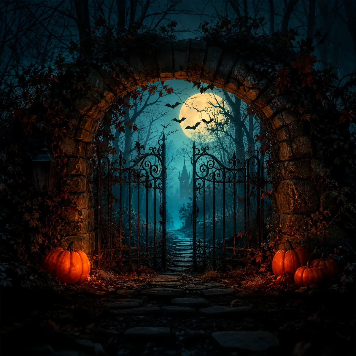 Halloween-HintergrundkulisseMondbeschienene Kürbisburg Torbogen Halloween-Hintergrundideen ZTT67-25