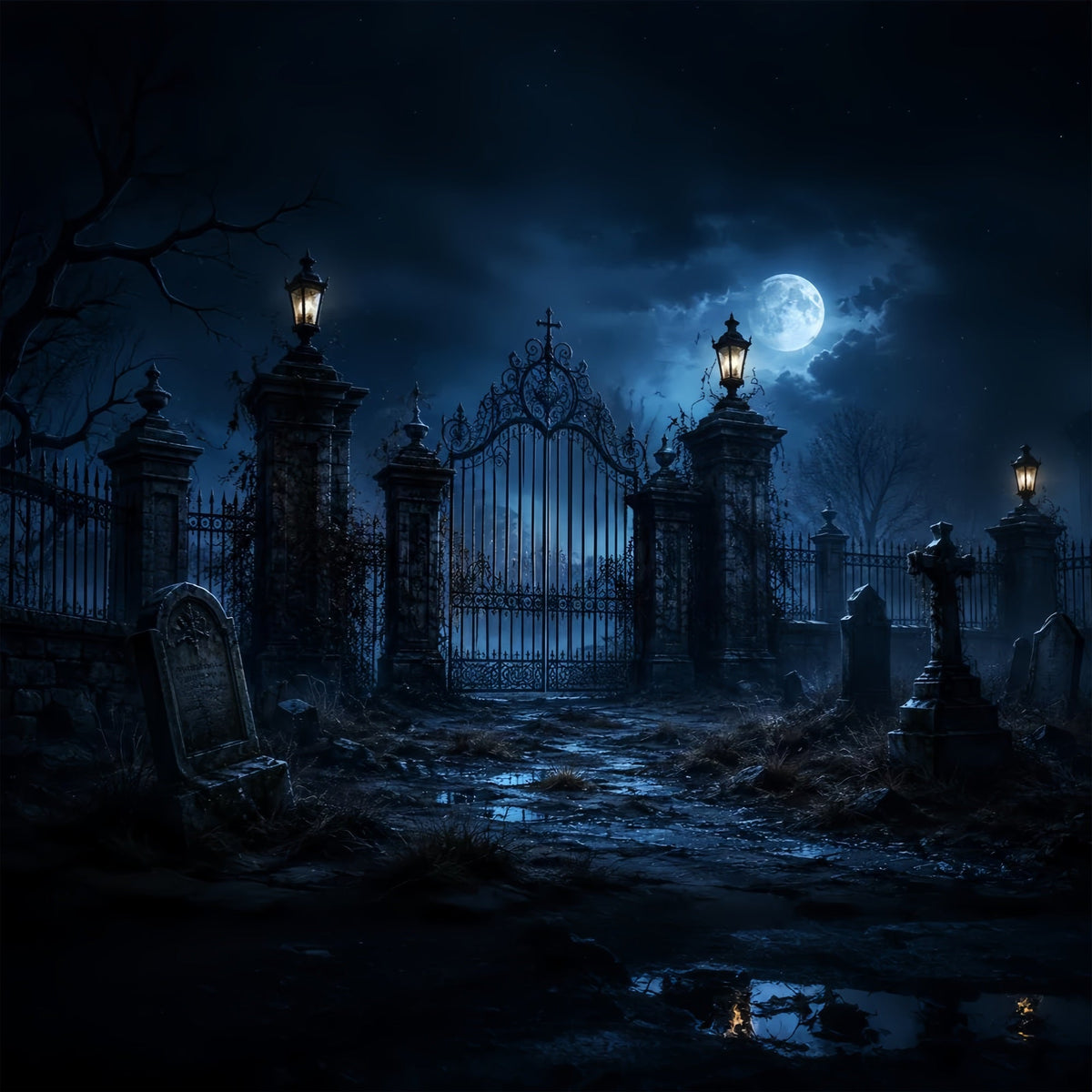 Halloween-Hintergrund Für Den AußenbereichMondbeschienenes Gotisches Friedhofstor Gruseliger Halloween-Hintergrund ZTT67-29