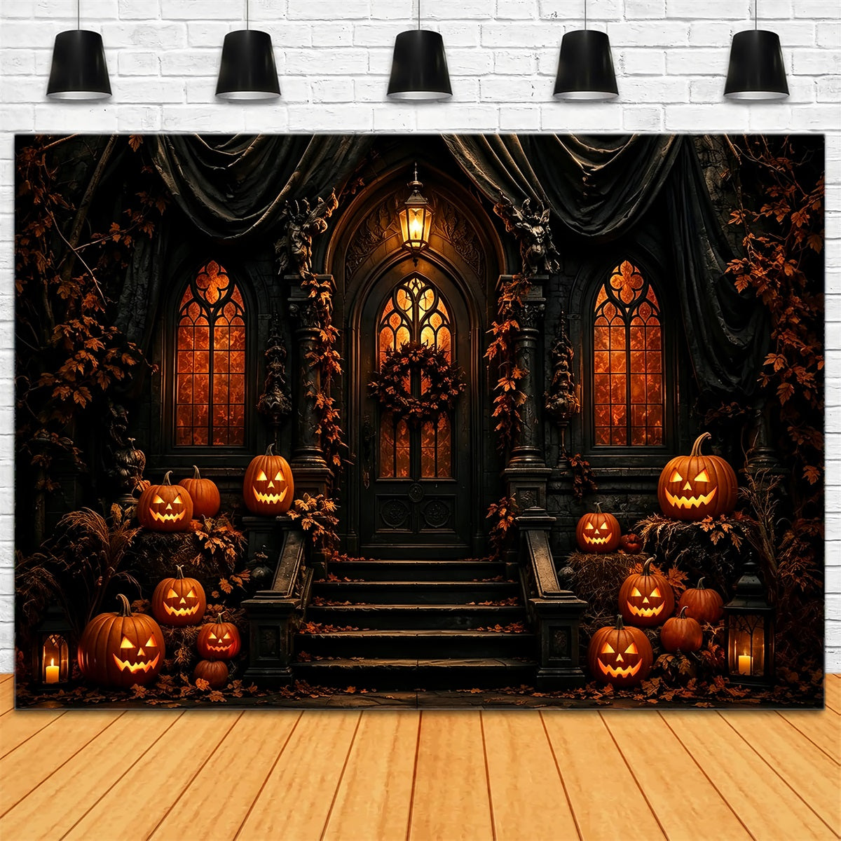 Halloween-HintergrundfotoEingang Zu Einem Gotischen Kürbishaus Halloween-Party-Hintergrund ZTT67-30
