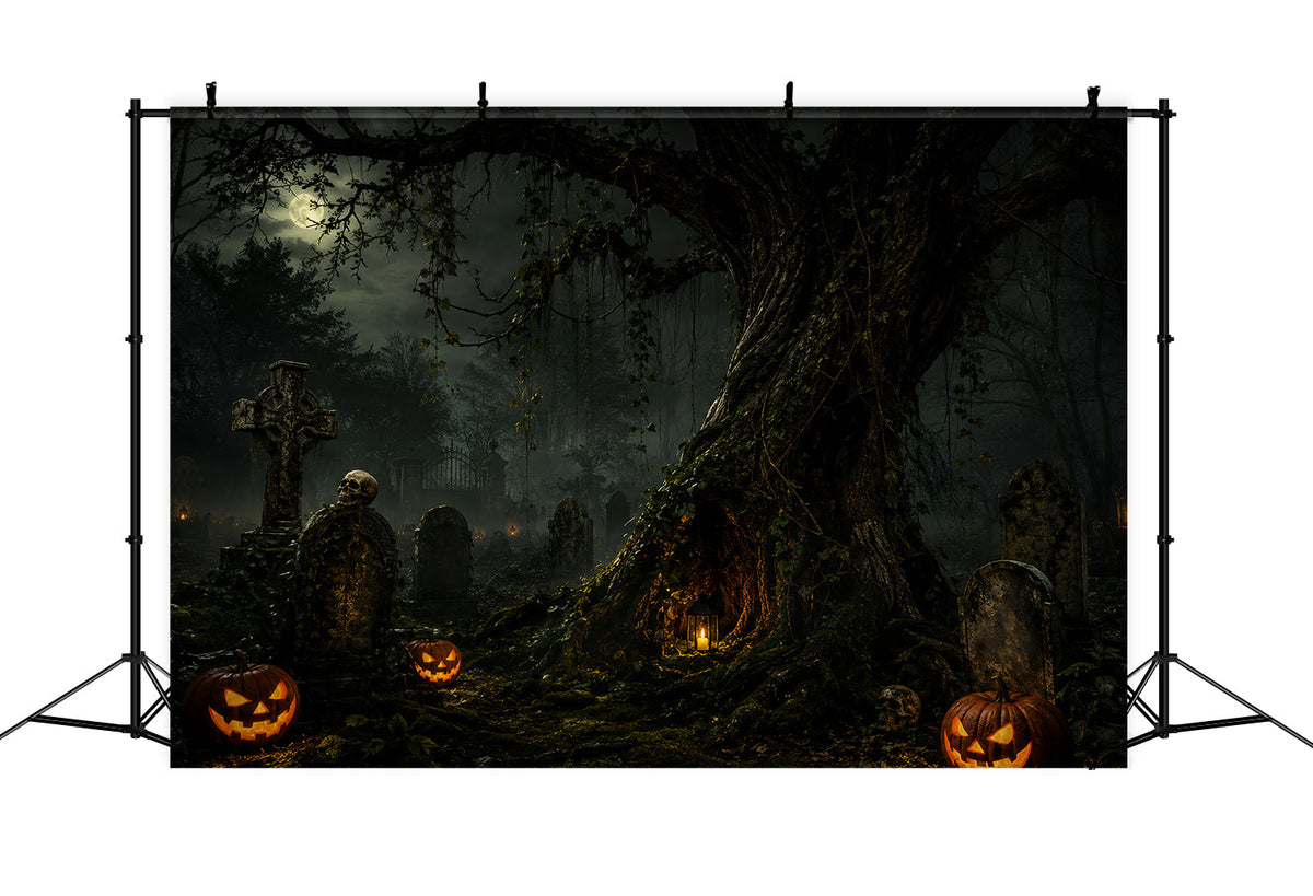 Benutzerdefinierte Halloween-KulisseMondbeschienener Friedhof Kürbisbaum Halloween-Friedhof-Kulisse ZTT67-34