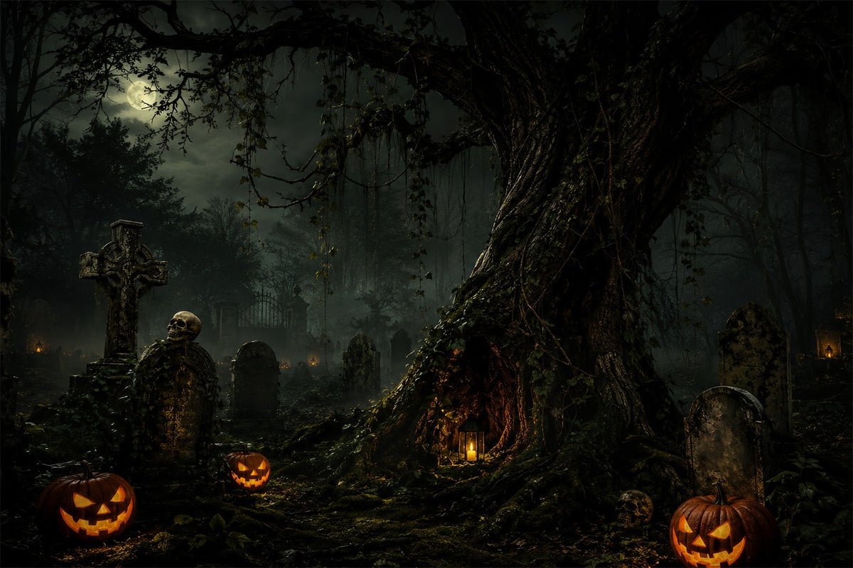 Benutzerdefinierte Halloween-KulisseMondbeschienener Friedhof Kürbisbaum Halloween-Friedhof-Kulisse ZTT67-34