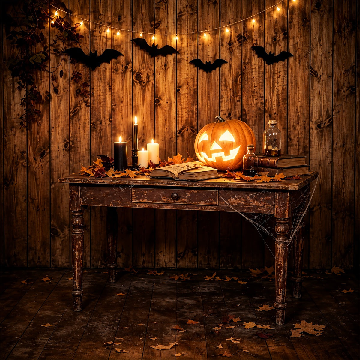 Halloween-Fotohintergrund Rustikaler Kürbis-Kerzentisch Halloween-Geburtstagshintergrund ZTT67-46