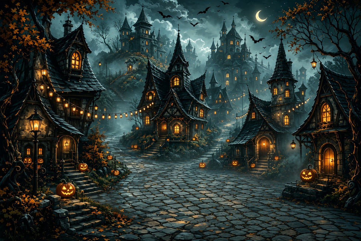 Halloween-Stoffhintergrund Mit Halbmond Und Kürbisdorf Für Fotos ZTT67-49
