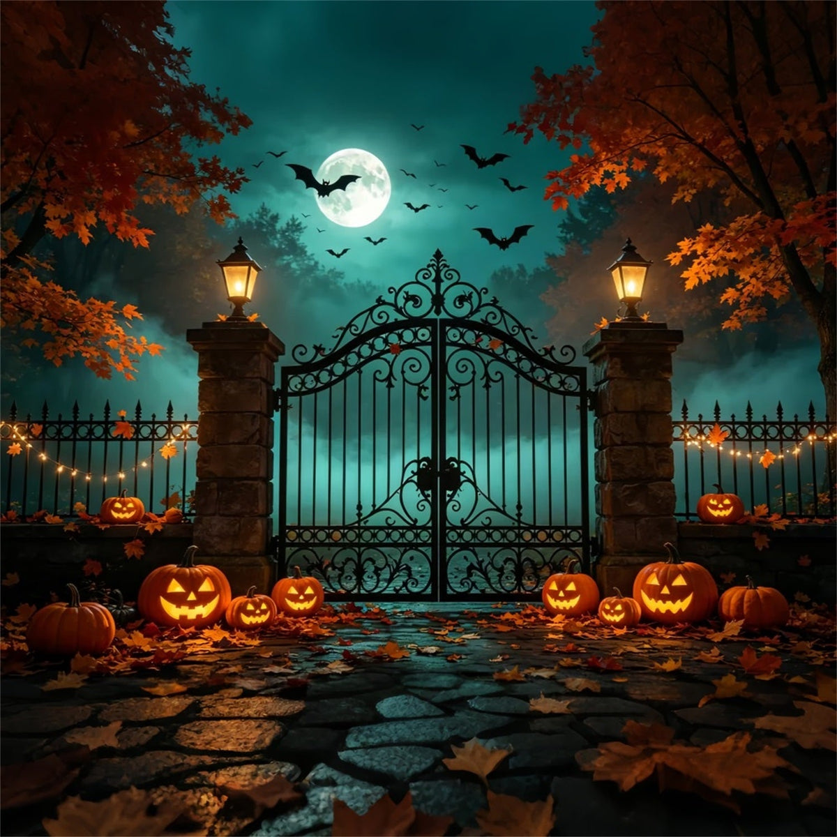 Halloween-Hintergrund Mit Kürbissen Und Fledermäusen Herbstliches Eisentor Diy-Halloween-Fotokabinen-Hintergrund ZTT67-53