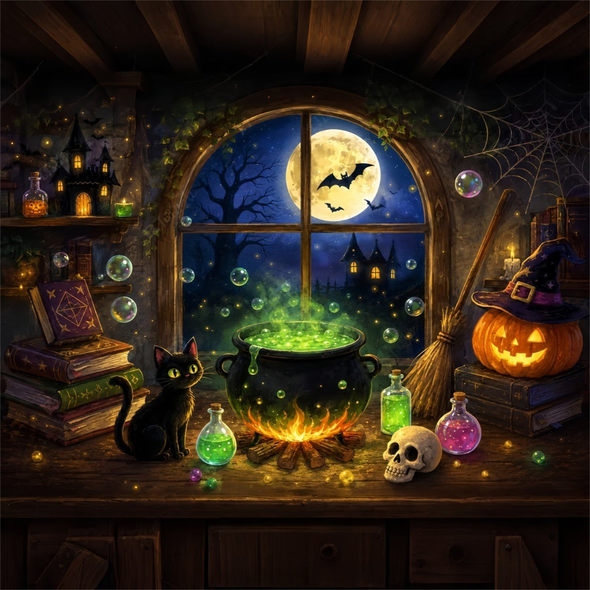 Hexenküchen-Hintergrund Mondbeschienene Hexenkesselhütte Einfacher Halloween-Hintergrund ZTT67-62
