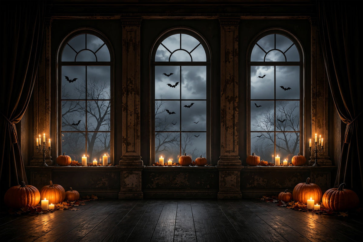 Fledermaushöhlen-Kulisse Kerzenlicht Kürbis Bogenfenster Halloween-Kulisse Fotos ZTT67-63