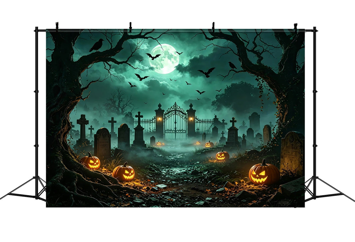 Halloween-Hintergrund Mit Hund Mondbeschienenem Kürbis Friedhofstor Ostergrab-Hintergrund ZTT67-67