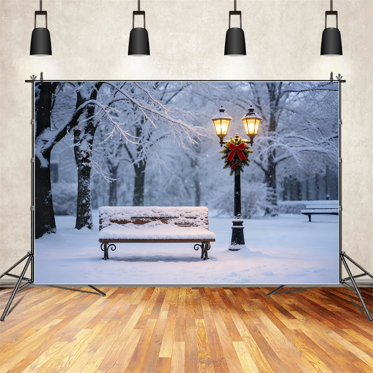 Weihnachtsschnee-Hintergrund Laternenleuchten Auf Einer Verschneiten Bank Weihnachtliche Musselin-Hintergründe ZTT69-11