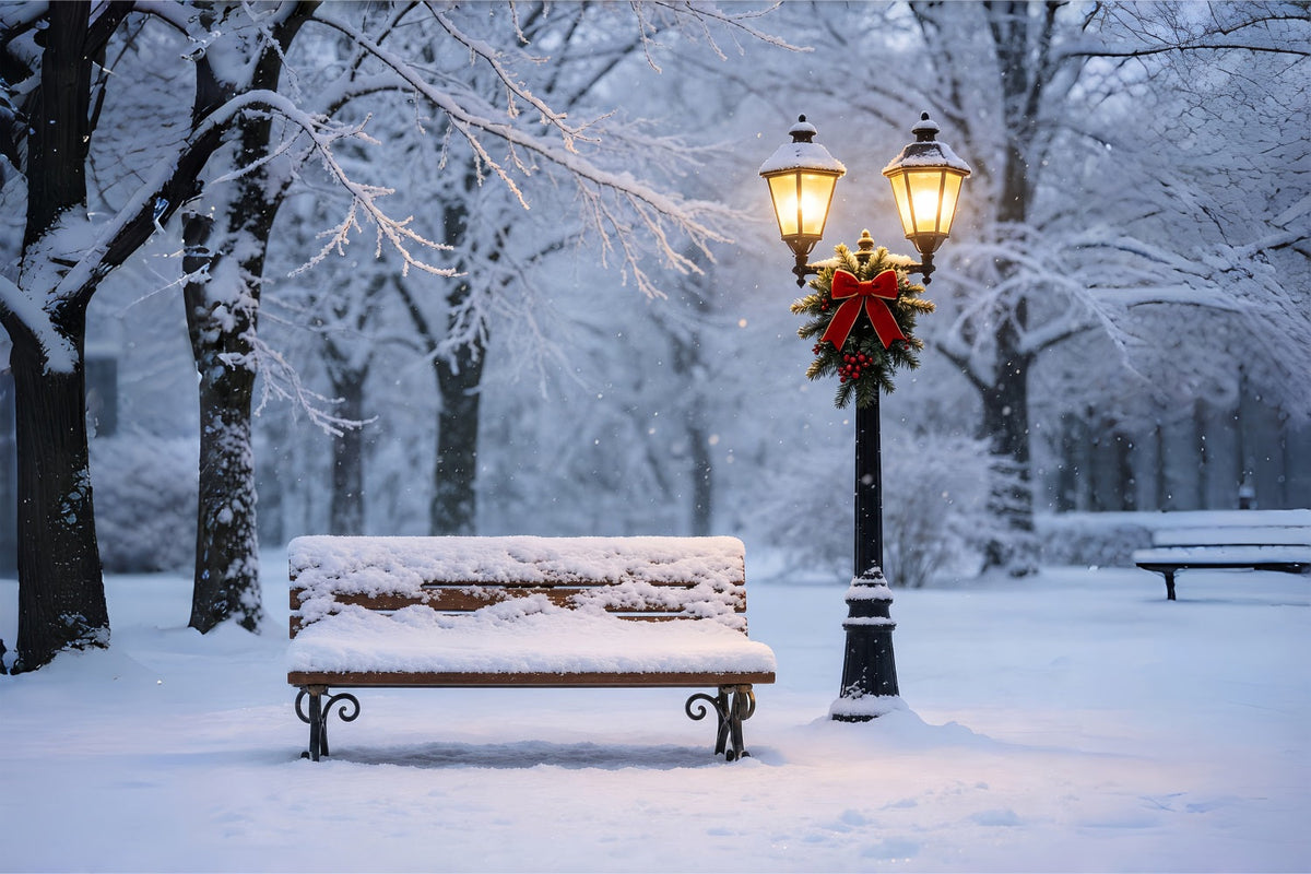 Weihnachtsschnee-Hintergrund Laternenleuchten Auf Einer Verschneiten Bank Weihnachtliche Musselin-Hintergründe ZTT69-11