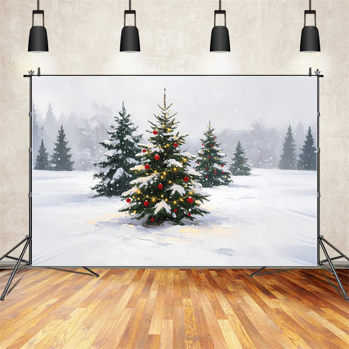 Winterliche Weihnachtskulisse Verschneiter, Bunter Kiefernwald Weihnachtskulisse ZTT69-12