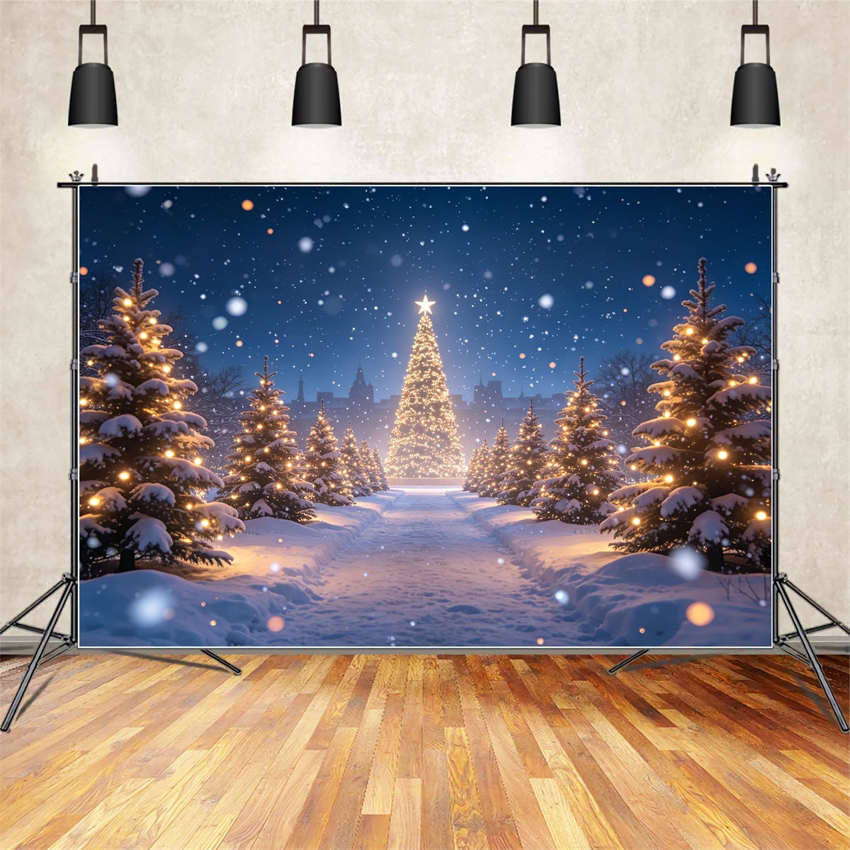 Weihnachtsbaum-Hintergrund Lichtpfad Im Verschneiten Wald Weihnachts-Fotohintergründe ZTT69-15