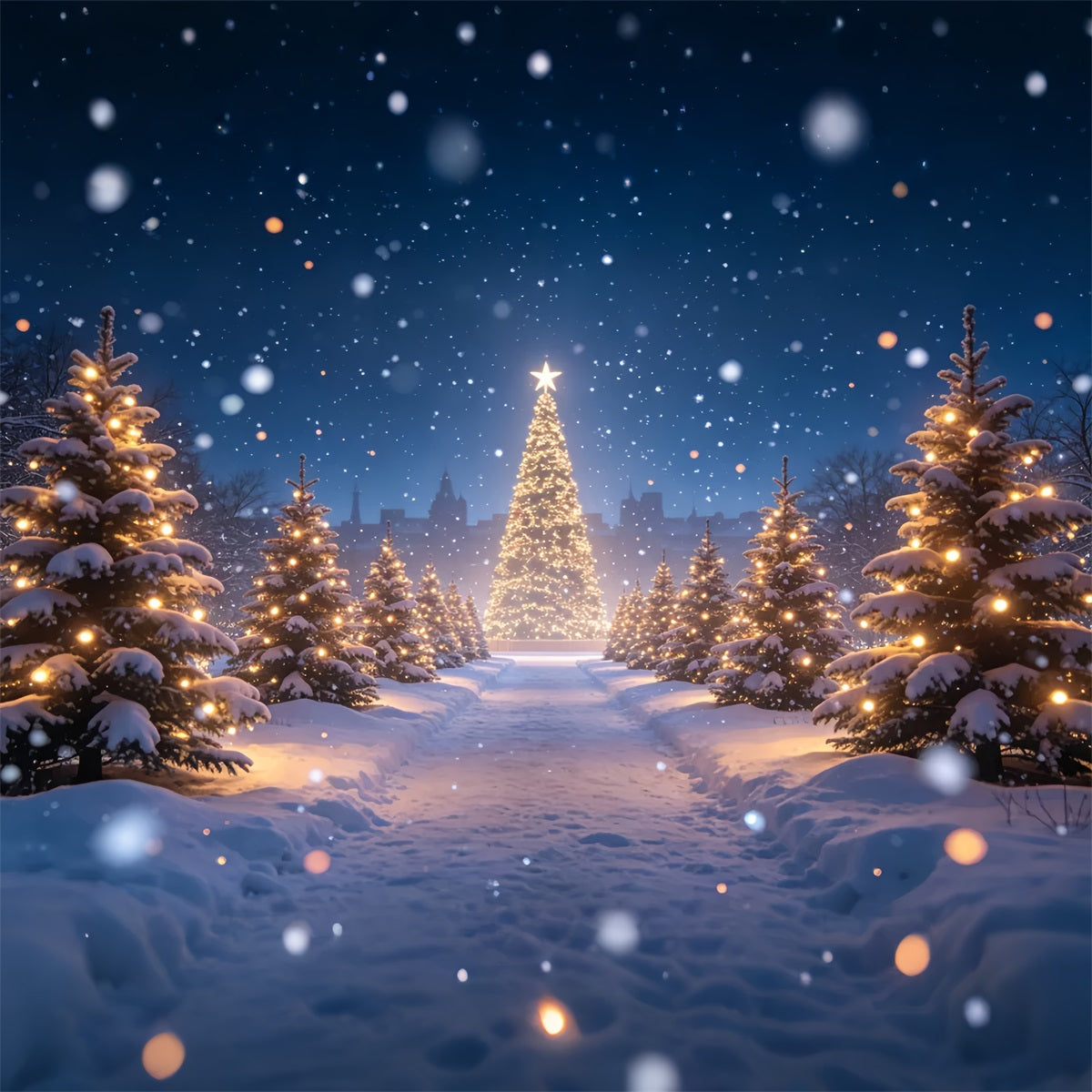 Weihnachtsbaum-Hintergrund Lichtpfad Im Verschneiten Wald Weihnachts-Fotohintergründe ZTT69-15