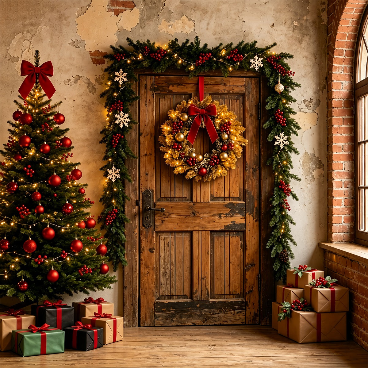 Weihnachtskulisse Rustikaler Türkranz Für Den Eingang Weihnachtswand-Hintergrund ZTT69-2