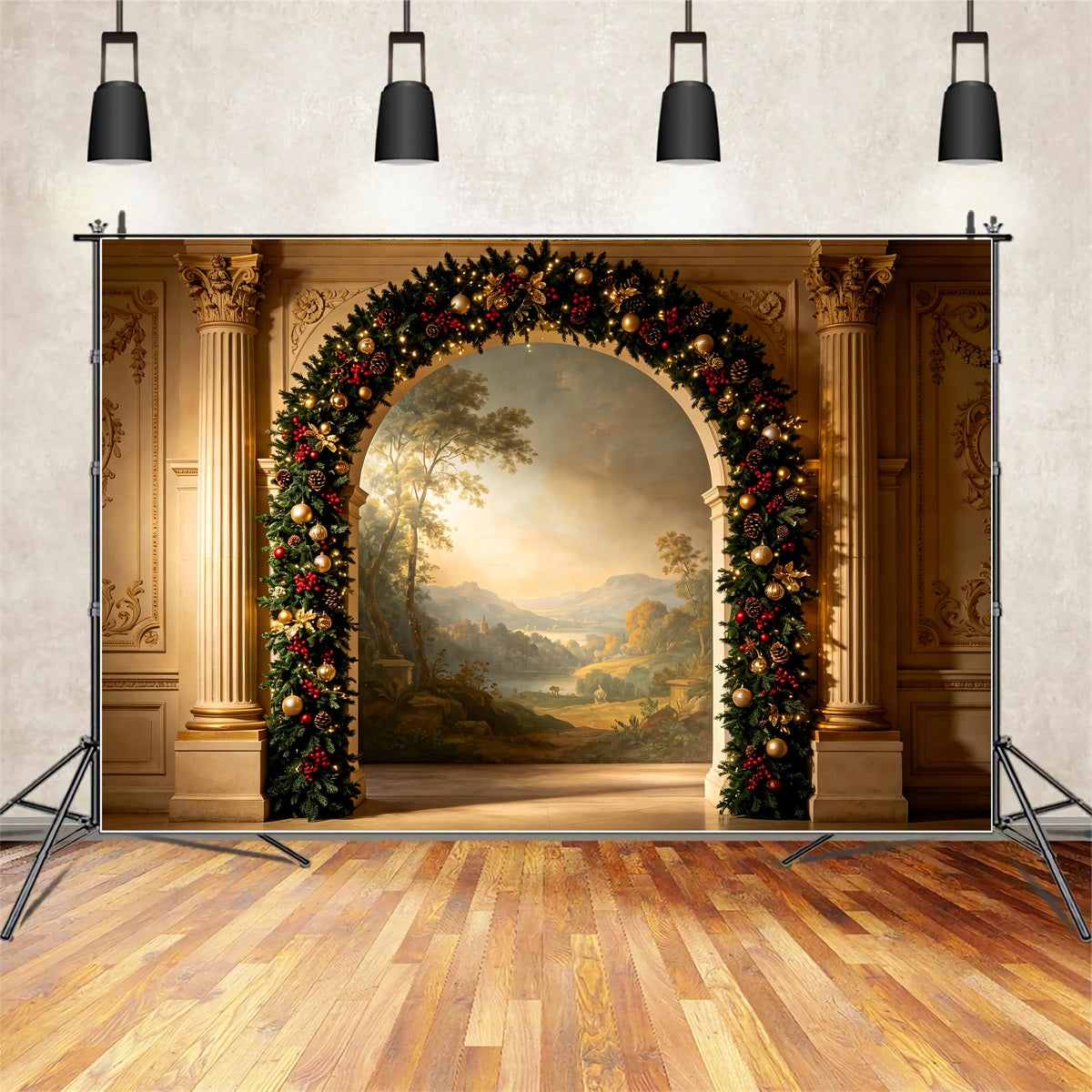 Viktorianische Weihnachtskulisse Eleganter Girlandenbogen Weihnachtshintergrund Für Fotografie ZTT69-26