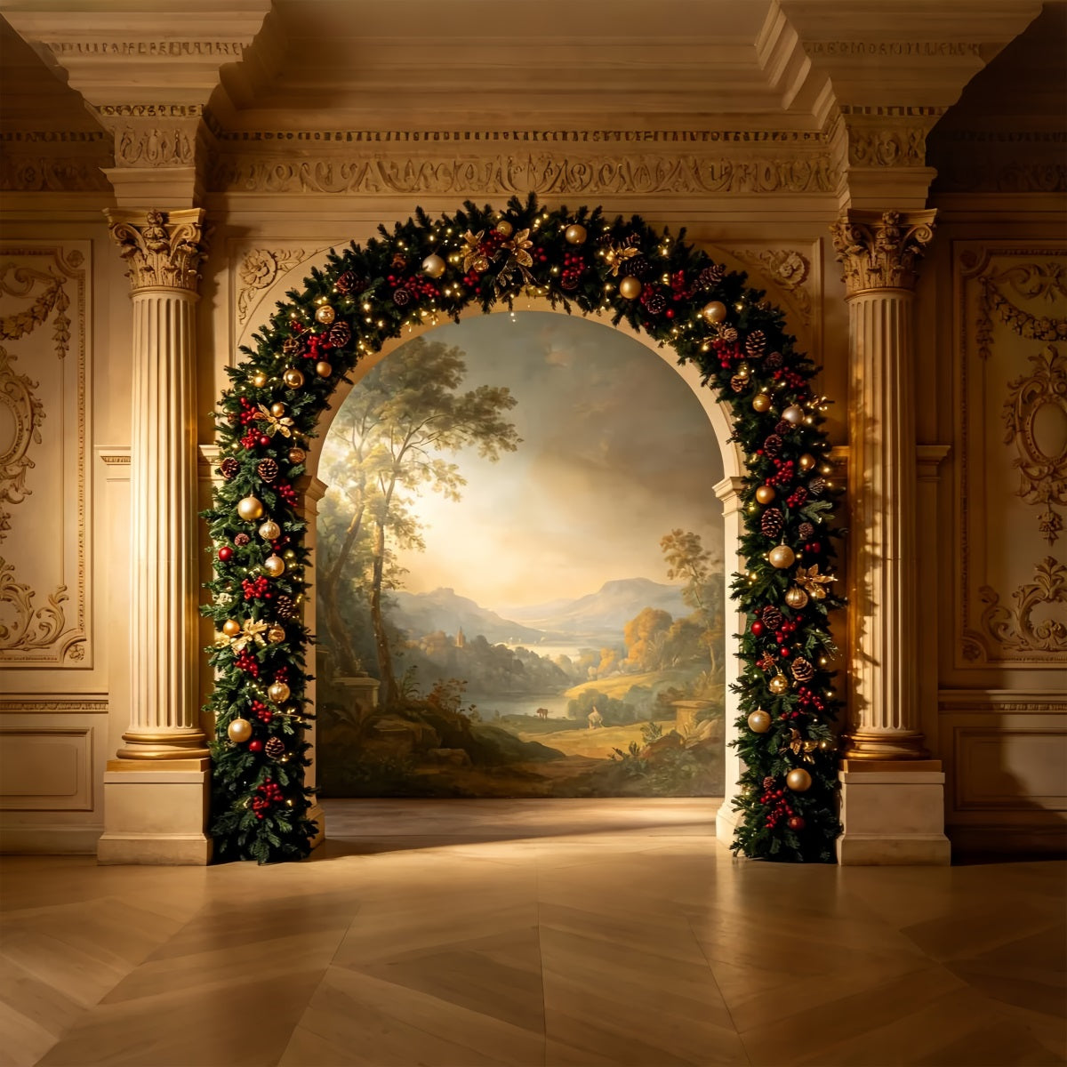 Viktorianische Weihnachtskulisse Eleganter Girlandenbogen Weihnachtshintergrund Für Fotografie ZTT69-26
