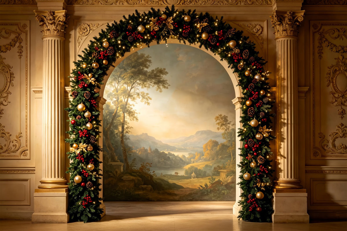 Viktorianische Weihnachtskulisse Eleganter Girlandenbogen Weihnachtshintergrund Für Fotografie ZTT69-26