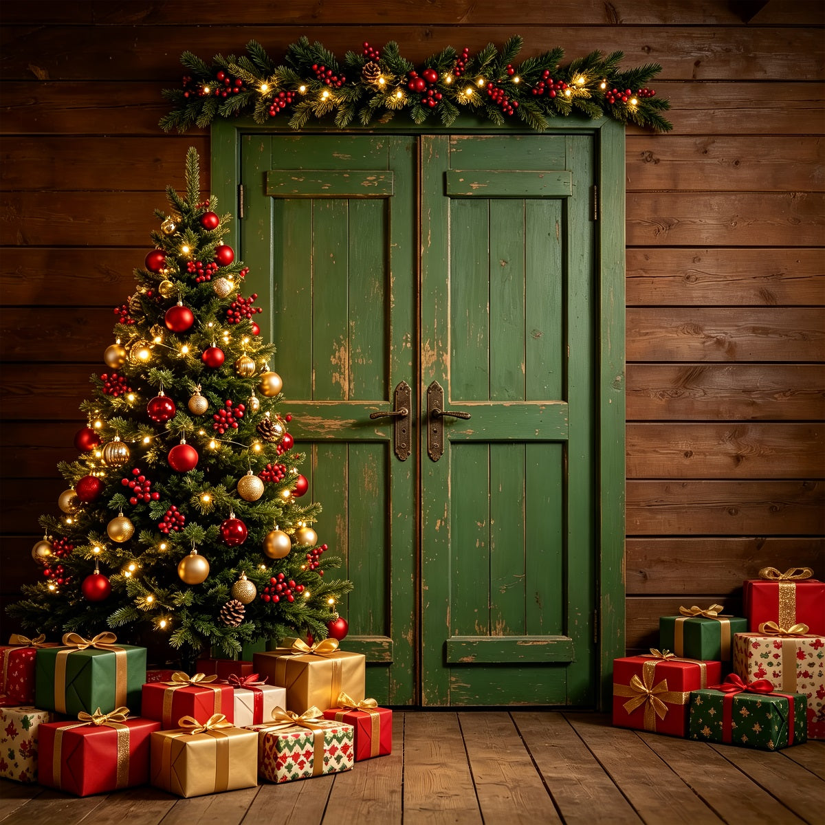Weihnachtswand-Hintergrund Vintage Grüne Türdekoration Weihnachts-Musselin-Hintergrund ZTT69-3