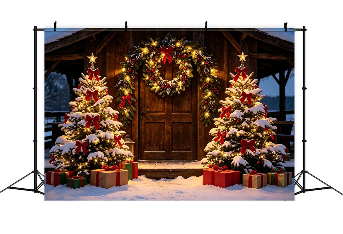 Weihnachts-Scheunentor-Hintergrund Rustikaler, Verschneiter Hütteneingang Weihnachtsfotohintergrund ZTT69-31