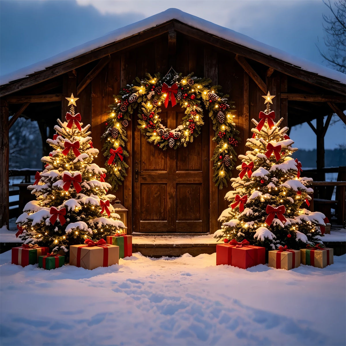 Weihnachts-Scheunentor-Hintergrund Rustikaler, Verschneiter Hütteneingang Weihnachtsfotohintergrund ZTT69-31