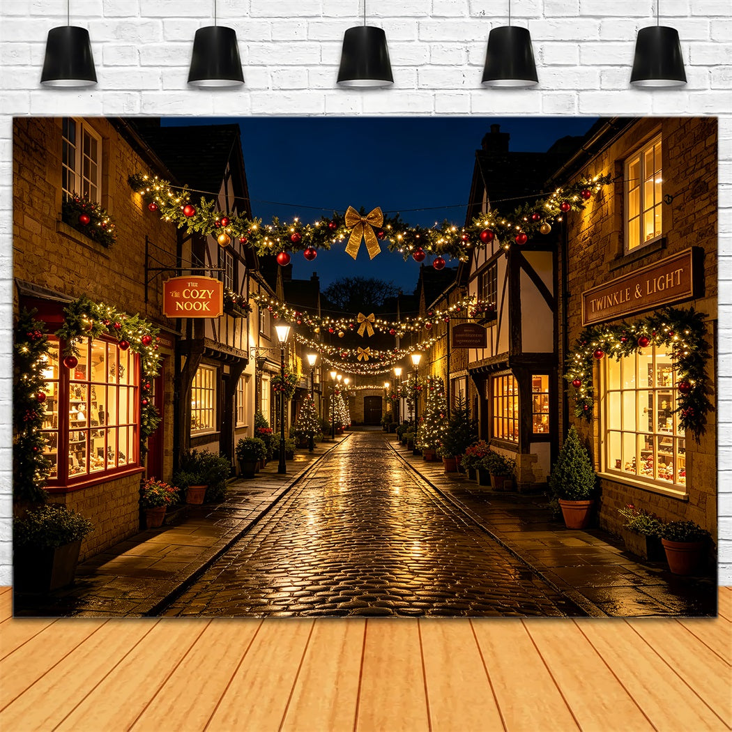 Weihnachtsstraßen-Kulisse Rustikales Dorf Garland Straße Weihnachts-Fotohintergründe ZTT69-35
