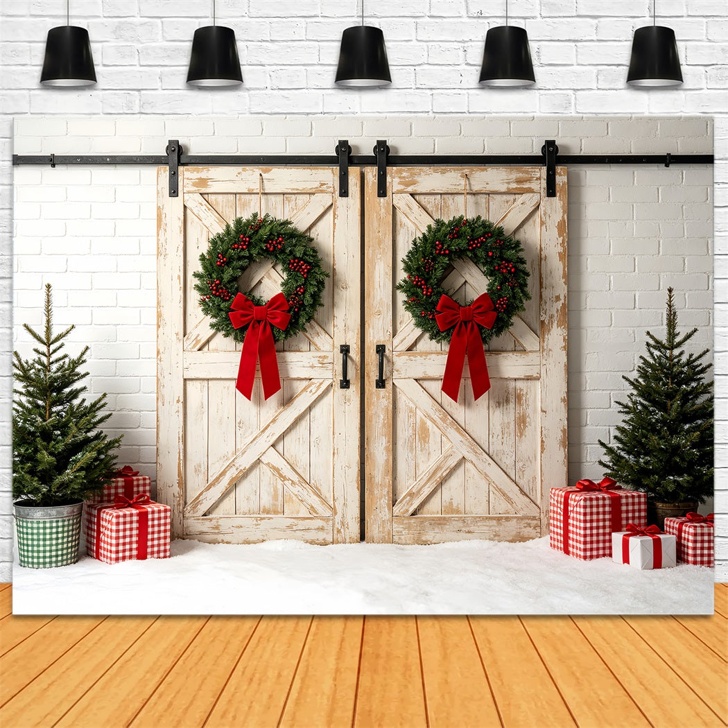 Weihnachtswand-Hintergrund Weißer Scheunentor-Kranz Studio-Weihnachtskulisse ZTT69-37