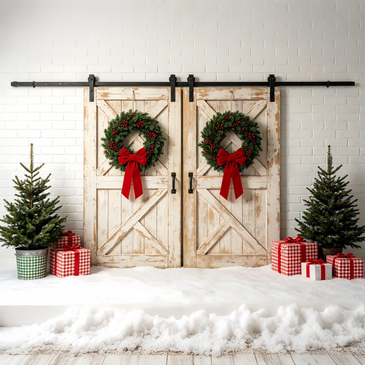 Weihnachtswand-Hintergrund Weißer Scheunentor-Kranz Studio-Weihnachtskulisse ZTT69-37