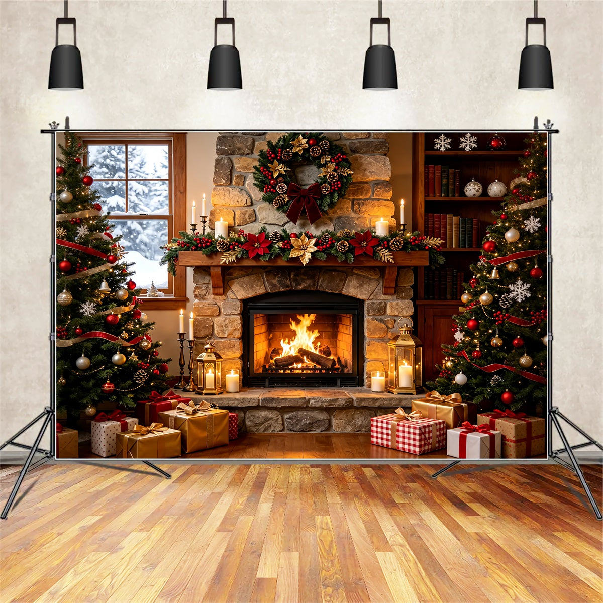 Gemütliche Weihnachtskulisse Steinkamin-Girlande Glühen Weihnachtliche Indoor-Hintergrundkulisse ZTT69-4