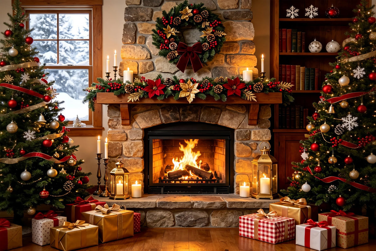 Gemütliche Weihnachtskulisse Steinkamin-Girlande Glühen Weihnachtliche Indoor-Hintergrundkulisse ZTT69-4