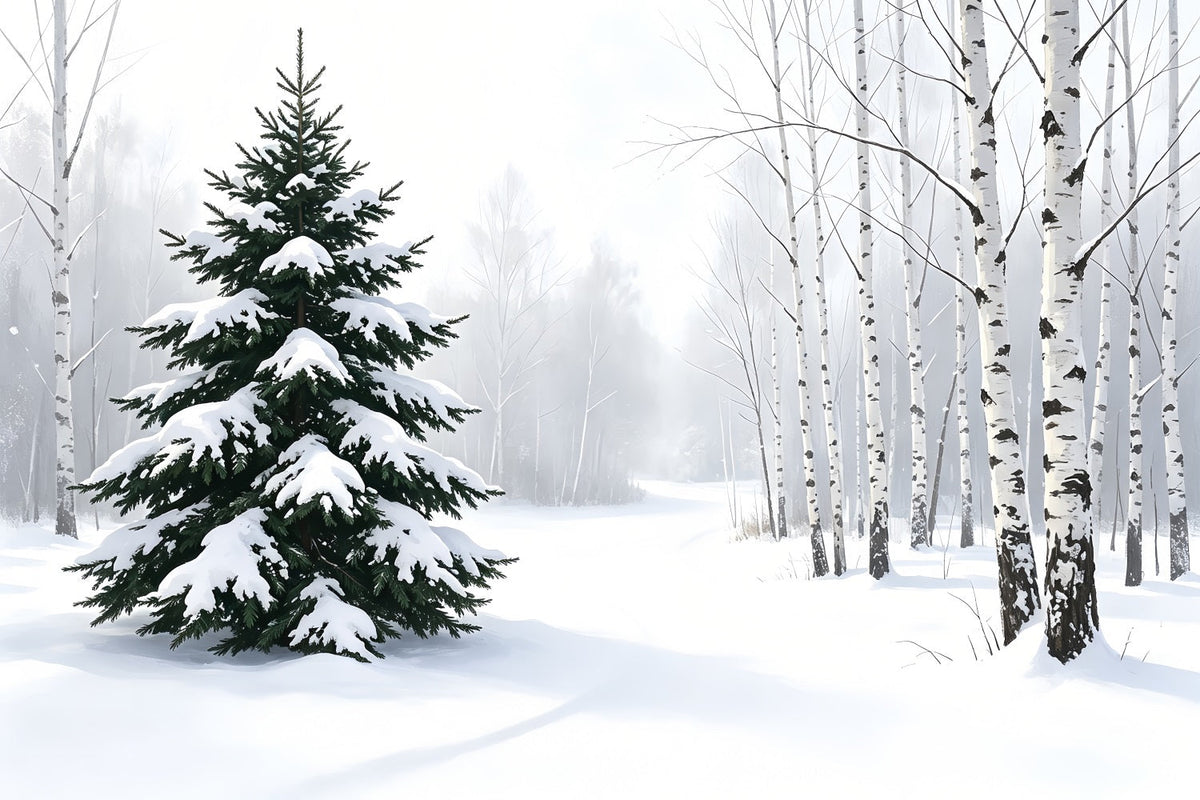 Verschneite Weihnachtskulisse Winterlicher Kiefernwald Weihnachts-Musselin-Hintergrund ZTT69-40
