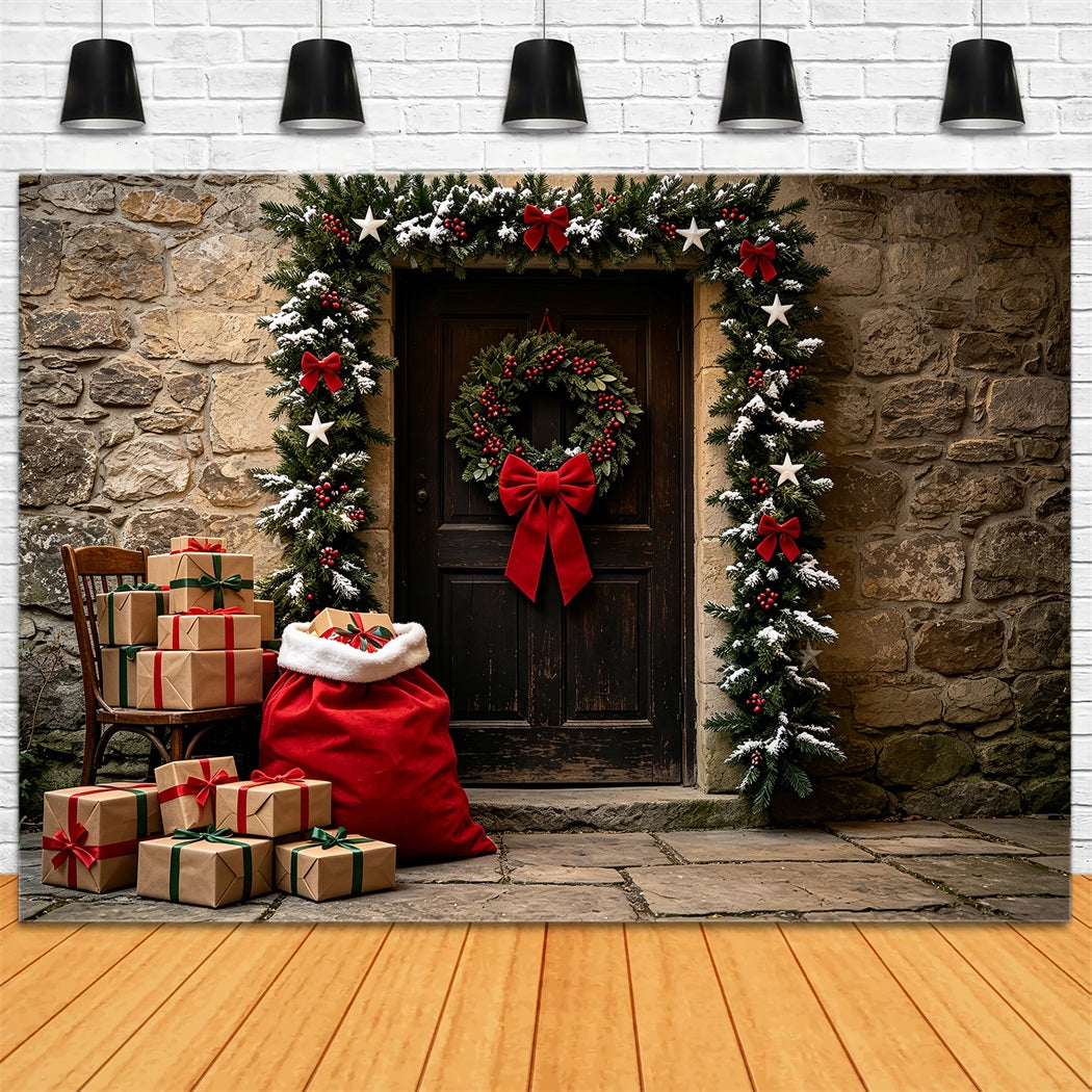 Ländliche Weihnachtskulisse Steintürgirlanden-Eingang Weihnachtshintergrund Aus Musselin ZTT69-45