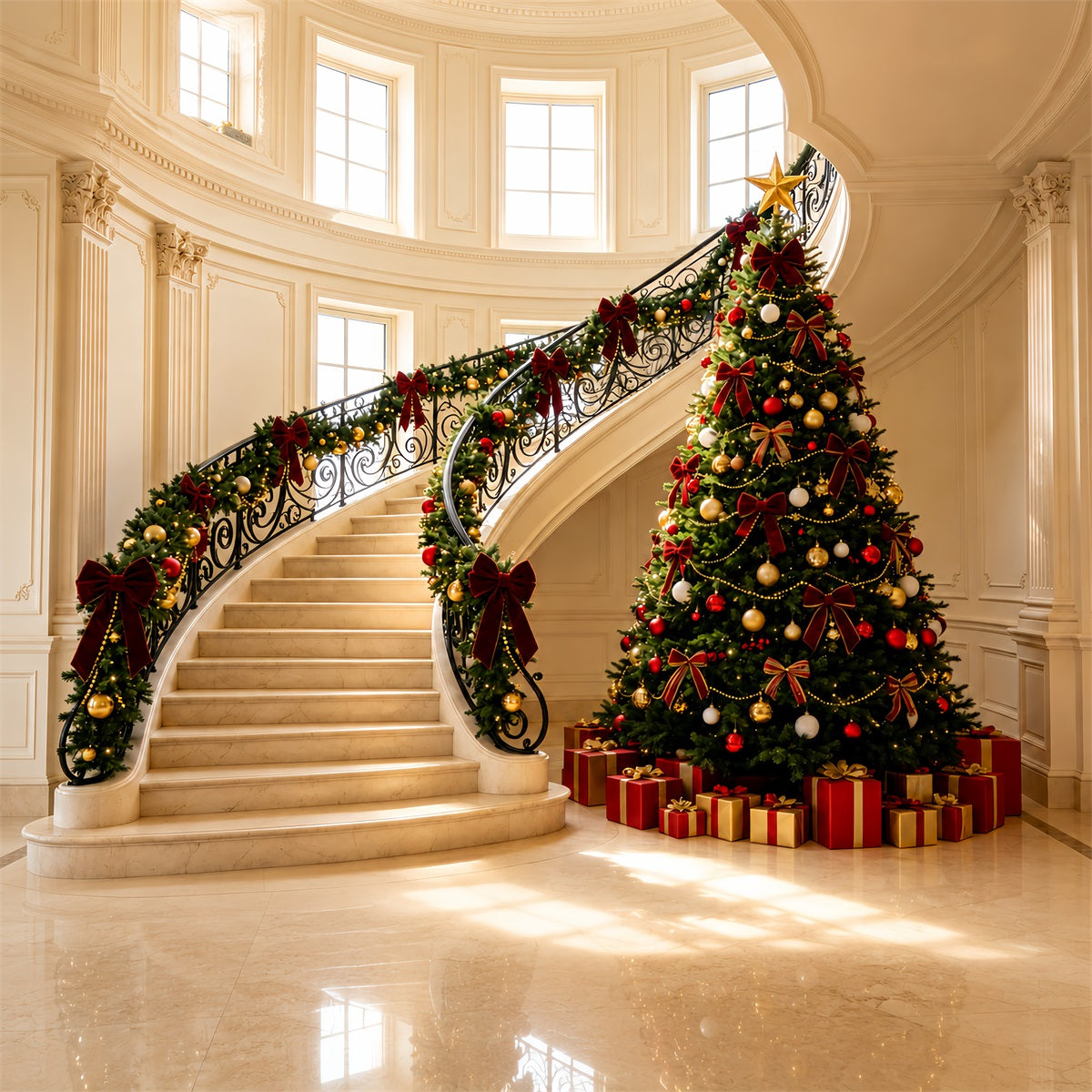 Viktorianische Weihnachtskulissen Elegante Treppengirlanden-Dekoration Weihnachtshintergründe Für Den Innenbereich ZTT69-5