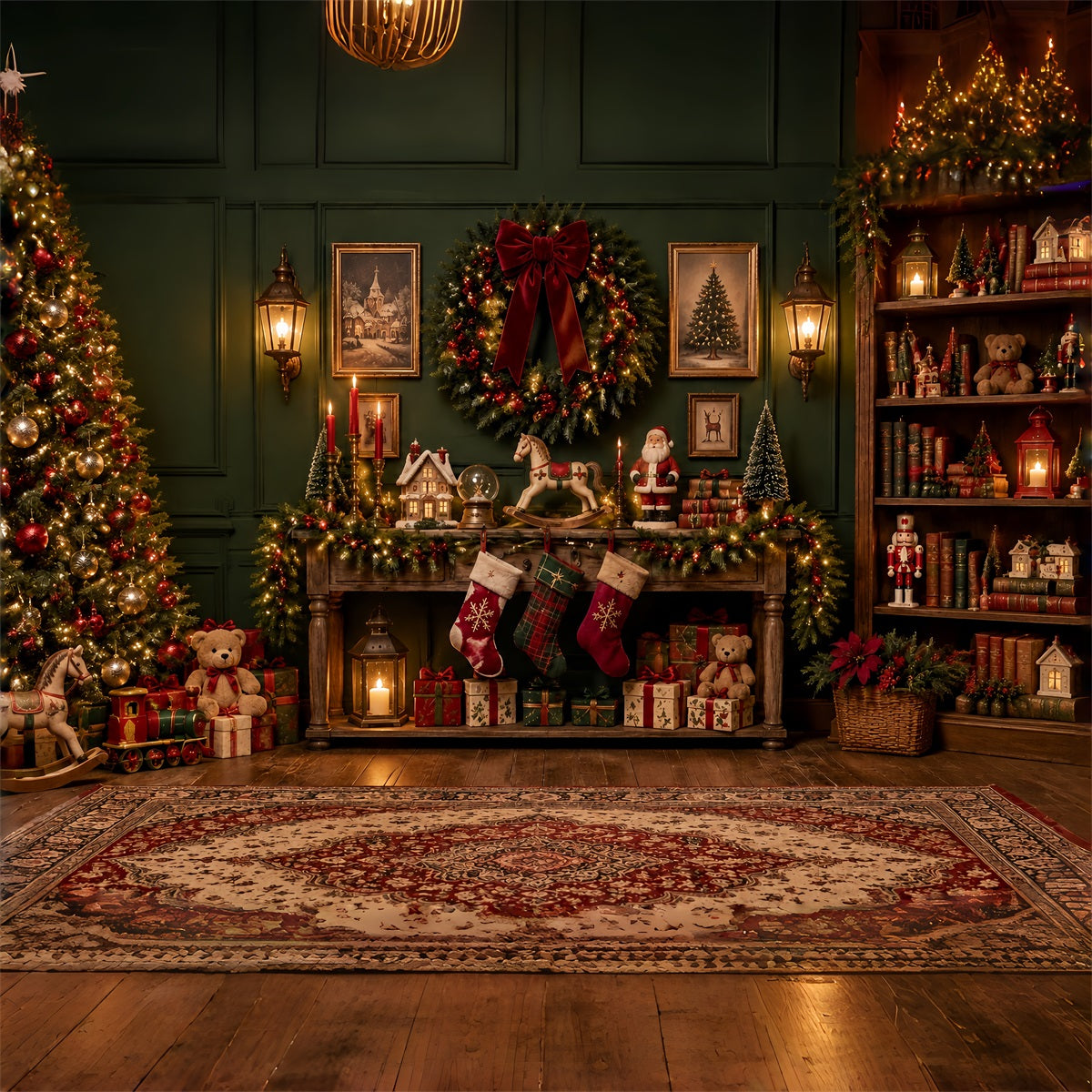 Santa Werkstatt Hintergrund Vintage Spielzeug Kranz Salon ZTT69-53