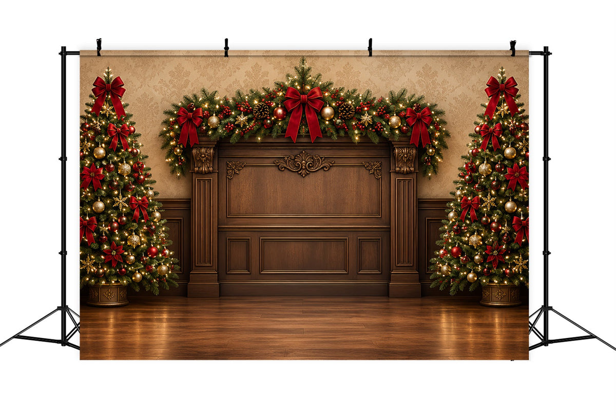 Weihnachtlicher Fotohintergrund Rote Schleife Immergrüner Kaminsims Hochauflösend ZTT69-55
