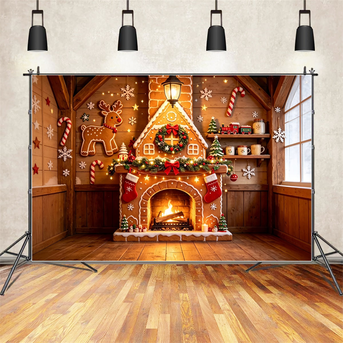 Lebkuchen-Weihnachtskulisse Holzhütte Mit Kamin Weihnachtswand-Hintergrund ZTT69-7