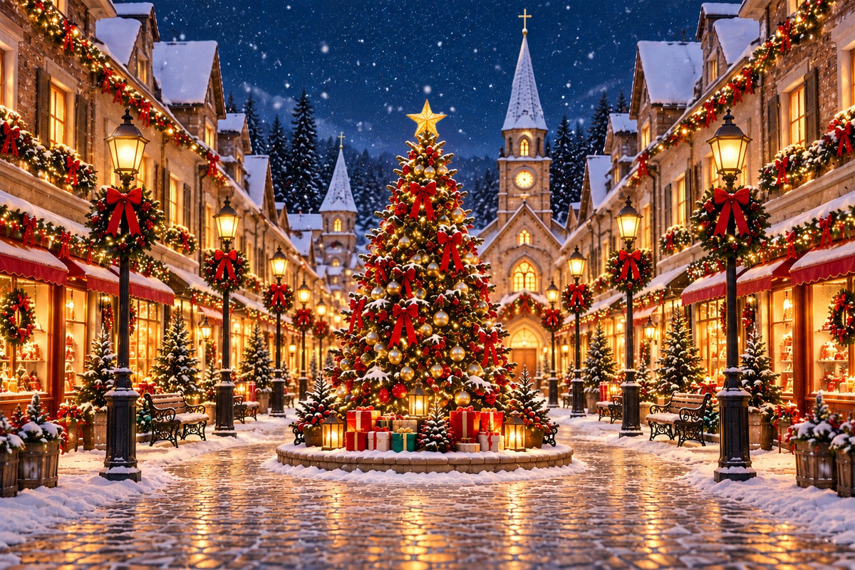 Weihnachtsdorf Hintergrund Verschneiter Stadtplatz Lichter ZTT69-75
