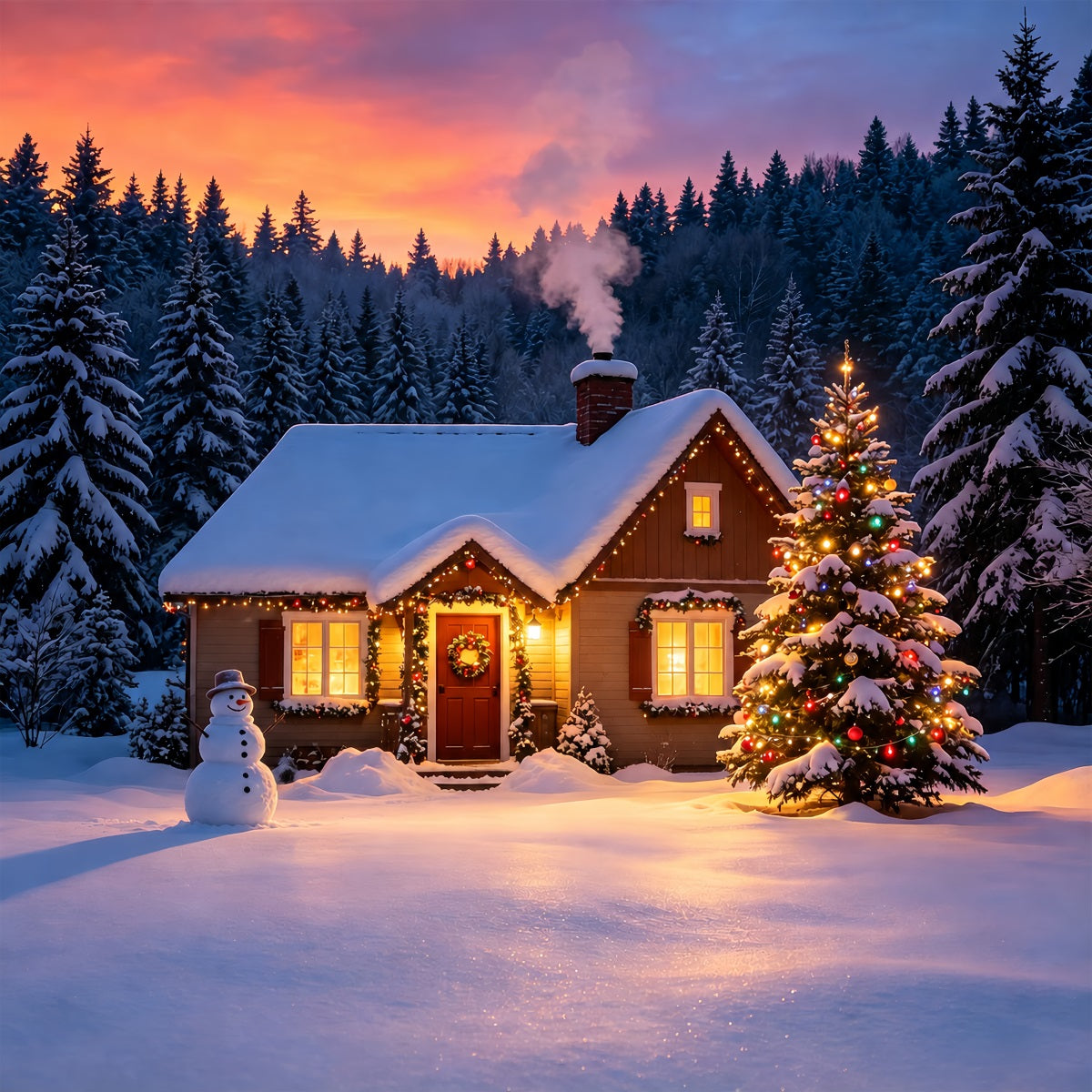Verschneite Weihnachtskulisse Sonnenuntergangsglühen In Der Winterhütte Musselin-Hintergrund Weihnachten ZTT69-9