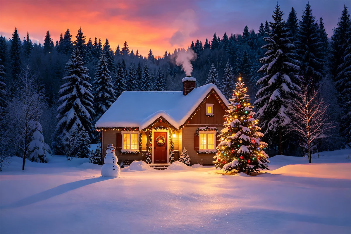 Verschneite Weihnachtskulisse Sonnenuntergangsglühen In Der Winterhütte Musselin-Hintergrund Weihnachten ZTT69-9