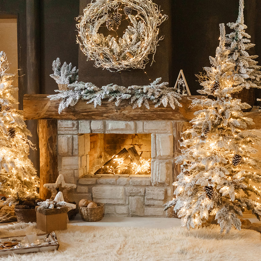 Weihnachtsbaum-Weinlese-Kamin-Fotografie-Hintergrund D1003